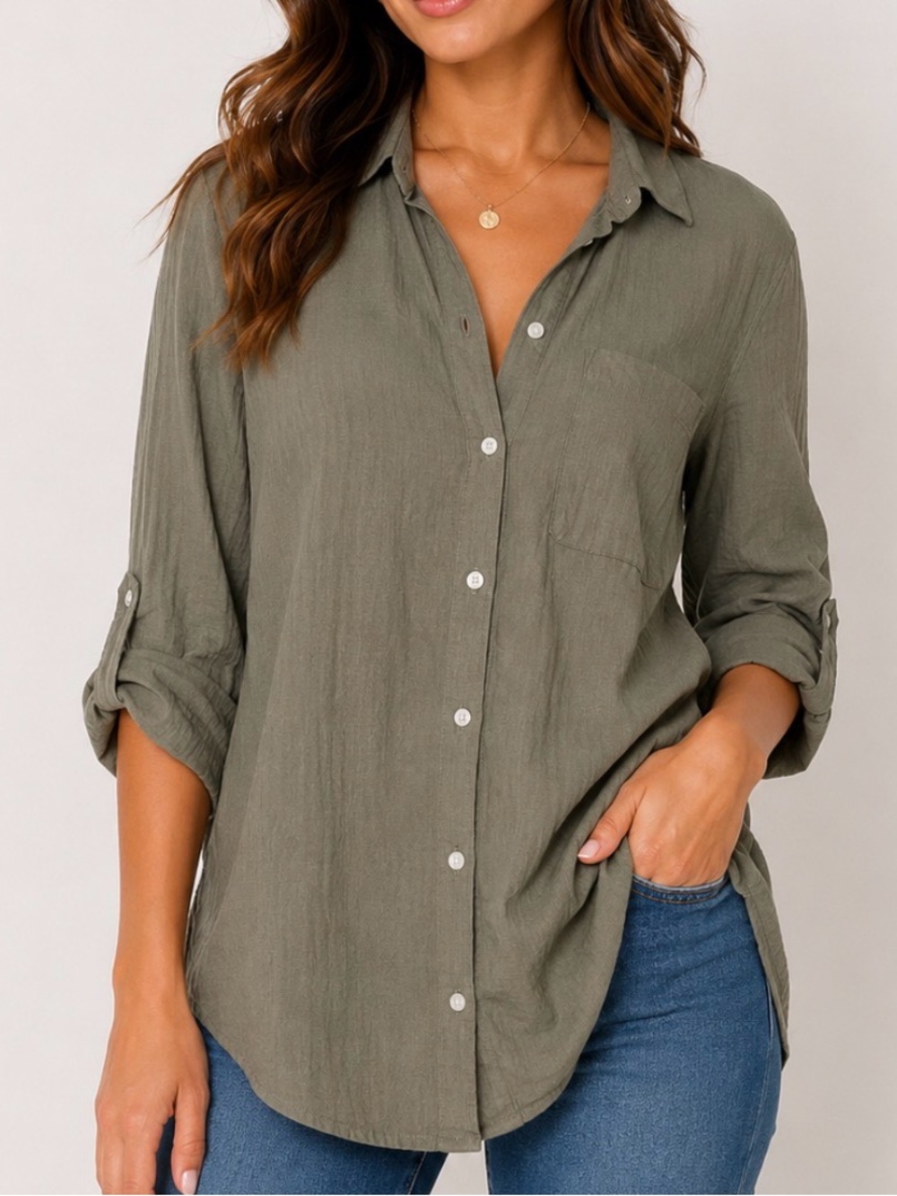 Divided Olive Green Button-Up Shirt roll tab sleeves 100% cotton SZ 12